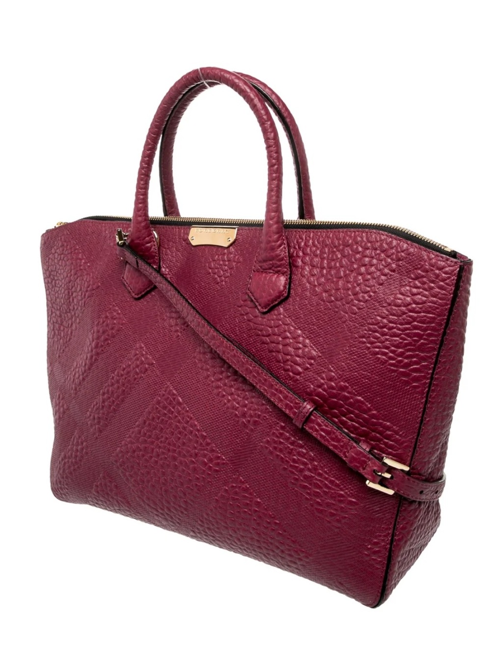 Burberry London Grainy Leather Check Medium Dewsbury Tote Bag Dark Plum NWOT - Picture 8 of 11